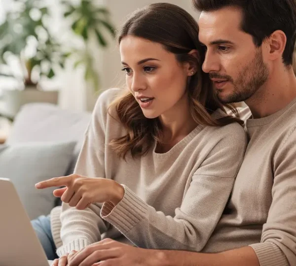 Couple consultant leur capacité d'emprunt immobilier sur ordinateur dans un salon lumineux
