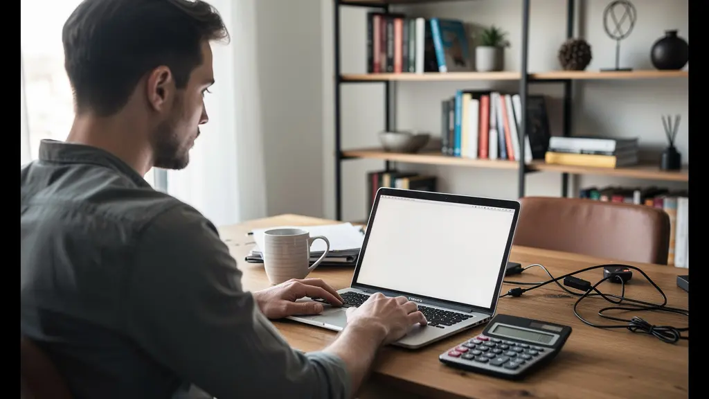 Personne analysant son budget immobilier sur ordinateur dans un bureau lumineux