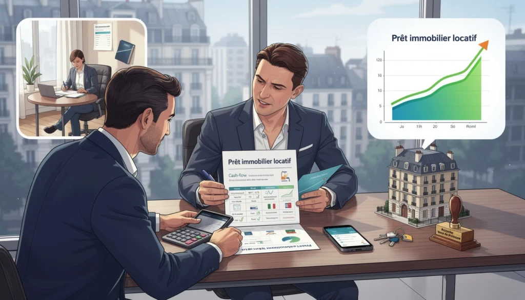Illustration de deux hommes qui discutent de prêt immobilier locatif
