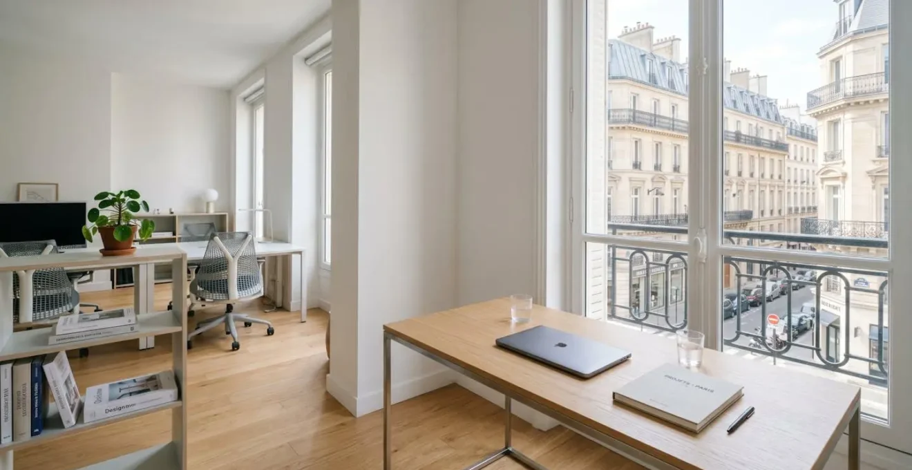 Bureau contemporain avec grande fenêtre donnant sur une architecture haussmannienne parisienne, table de travail épurée avec ordinateur portable fermé