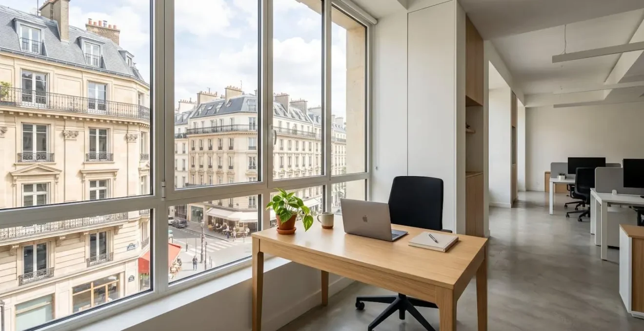 Bureau contemporain avec grande fenêtre donnant sur une architecture haussmannienne parisienne, table de travail épurée avec ordinateur portable fermé