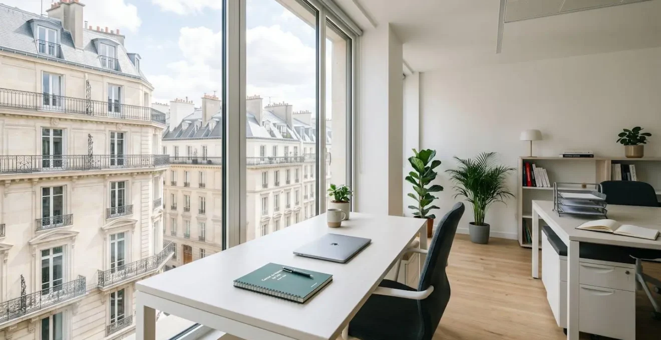 Bureau contemporain avec grande fenêtre donnant sur une architecture haussmannienne parisienne, table de travail épurée avec ordinateur portable fermé