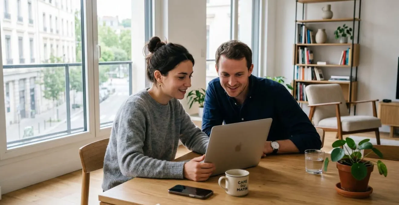 Un couple trentenaire de profil regardant ensemble un écran d'ordinateur portable dans un salon contemporain lumineux