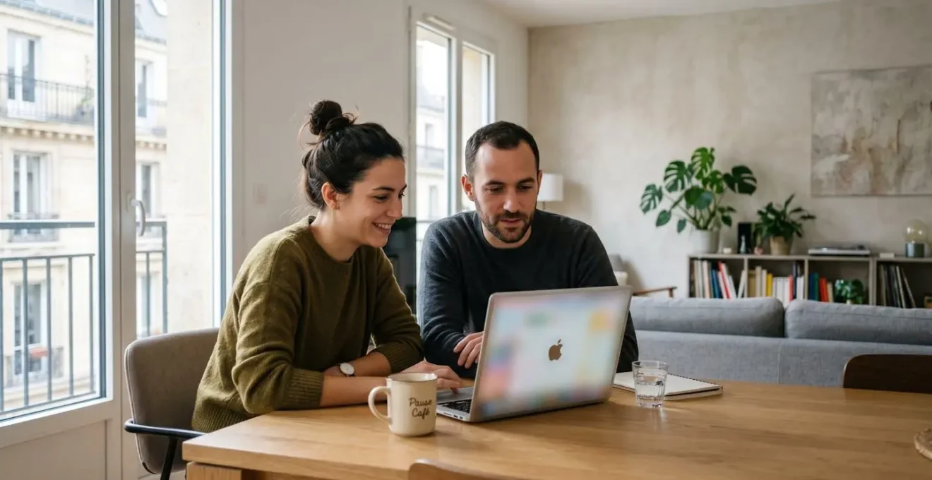 Un couple trentenaire de profil regardant ensemble un écran d'ordinateur portable dans un salon contemporain lumineux