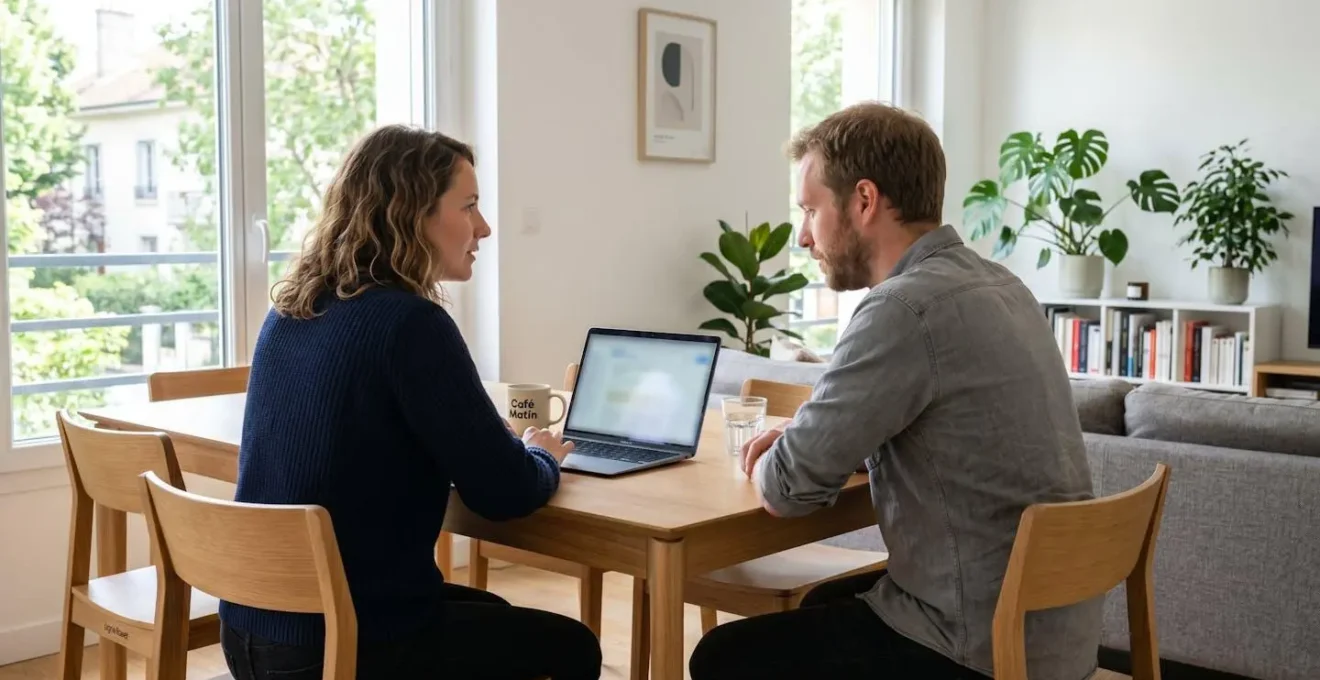 Un couple trentenaire de profil regardant ensemble un écran d'ordinateur portable dans un salon contemporain lumineux