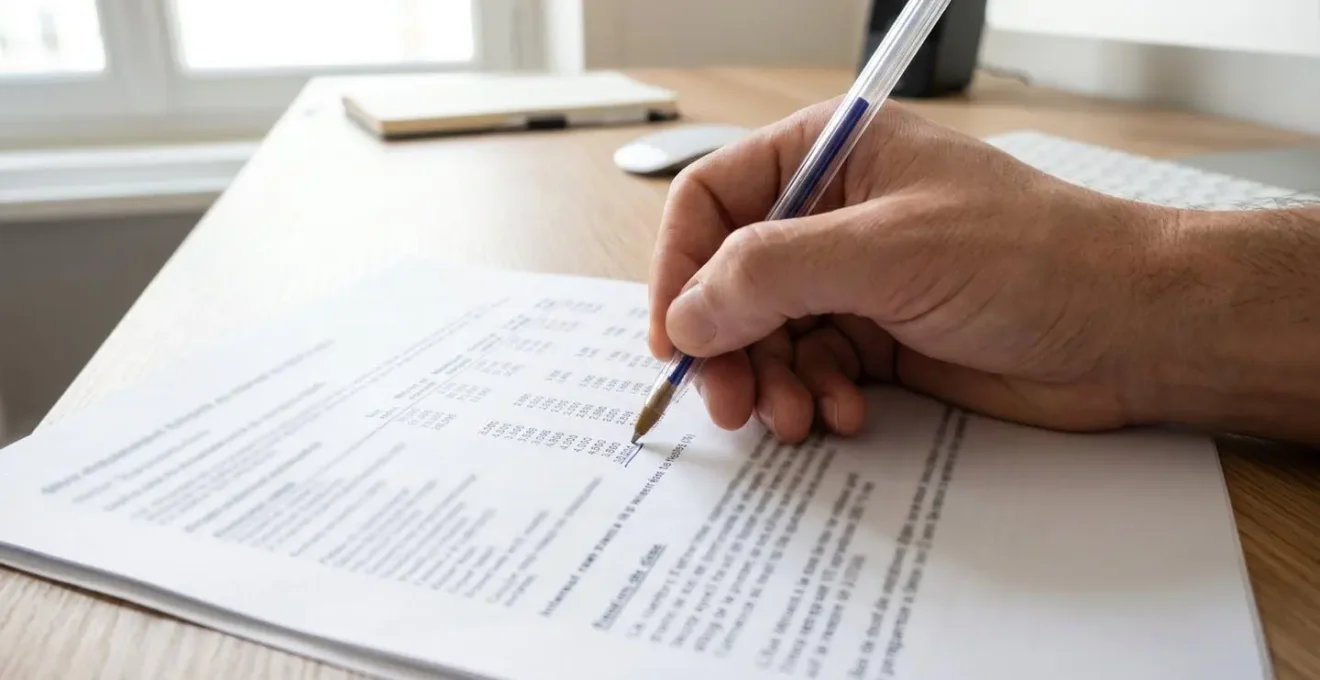 Gros plan d'une main tenant un stylo surlignant des chiffres de taux d'intérêt sur un document papier