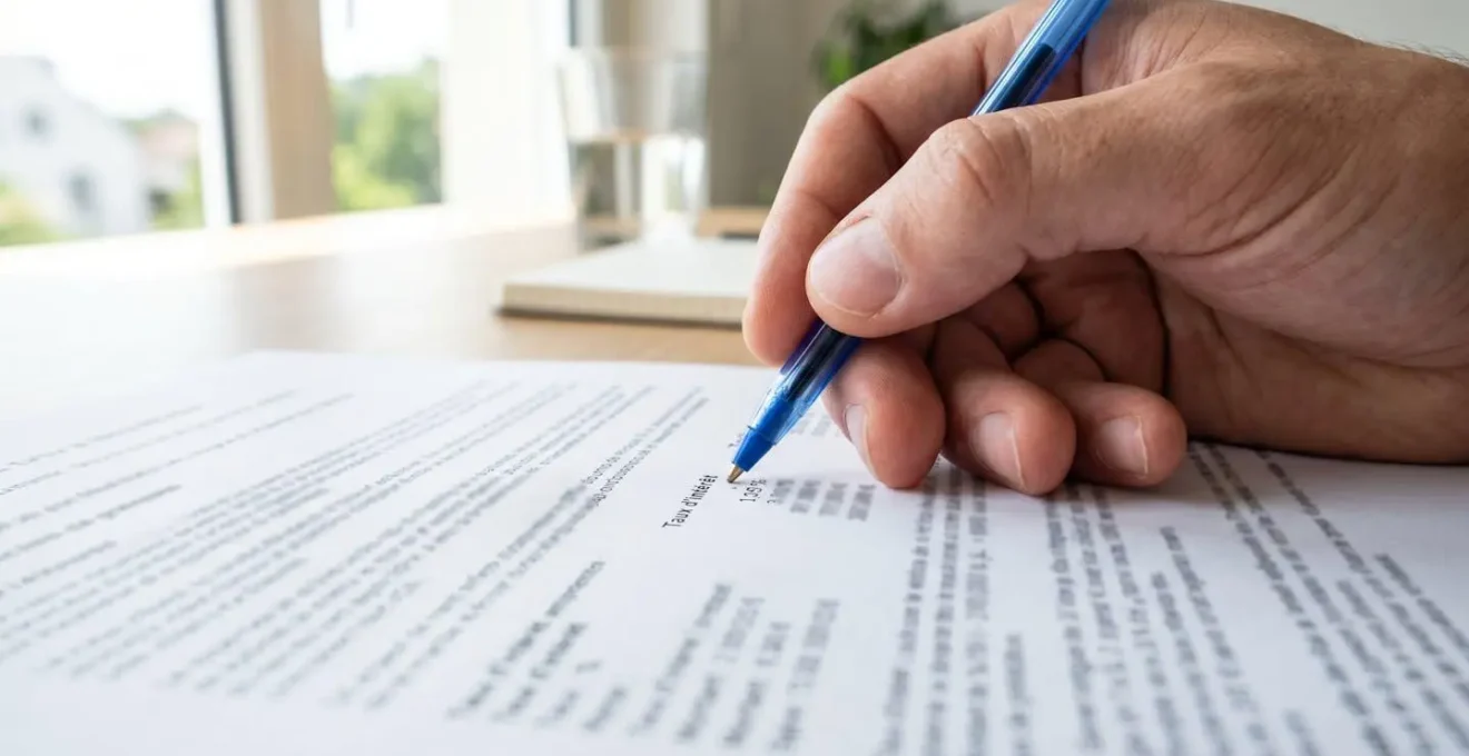 Gros plan d'une main tenant un stylo surlignant des chiffres de taux d'intérêt sur un document papier