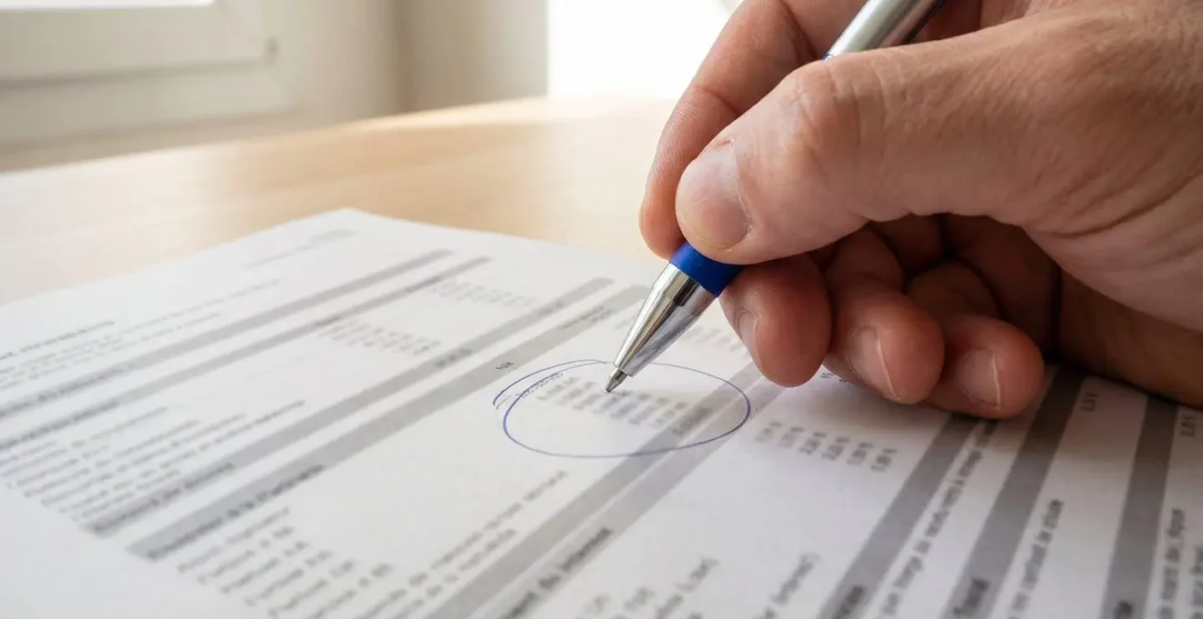 Gros plan d'une main tenant un stylo surlignant des chiffres de taux d'intérêt sur un document papier