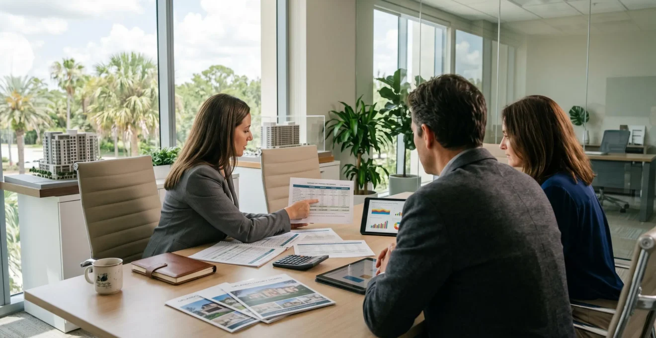 Conseiller immobilier présentant des documents de financement comparatifs à des investisseurs dans un bureau contemporain à Orlando, avec baie vitrée donnant sur des palmiers en arrière-plan