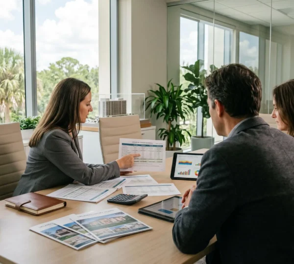 Conseiller immobilier présentant des documents de financement comparatifs à des investisseurs dans un bureau contemporain à Orlando, avec baie vitrée donnant sur des palmiers en arrière-plan