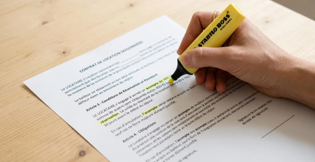 Main tenant un surligneur jaune marquant une clause importante dans un contrat de location saisonnière rédigé en français sur table en bois